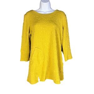 Creation Mustard Yellow Textured Tunic Top 3/4 Sleeve Size Small